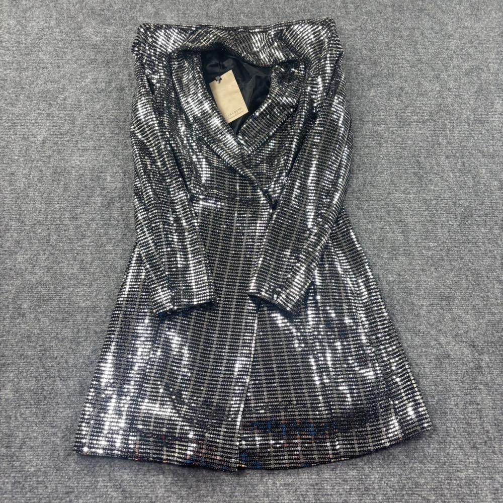 Zara Basic Sequin Mini Dress Size 4 Silver Festive Long Sleeve V-Neck NWT Womens - Picture 2 of 7